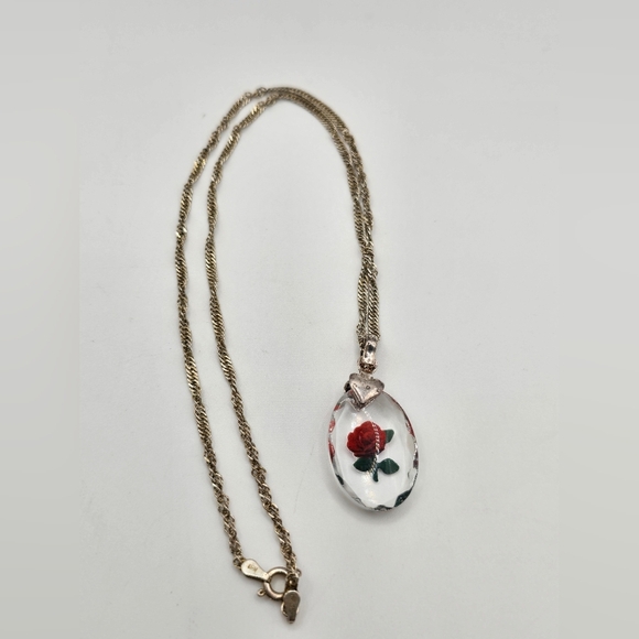 Reverse painted Rose on crystal Milor Italy sterling silver pendant necklace - Picture 4 of 4